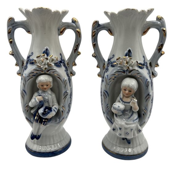 Vintage 1960s Norleans 2 Victorian Style Porcelain Figurine Vases Made In Japan - Picture 1 of 15